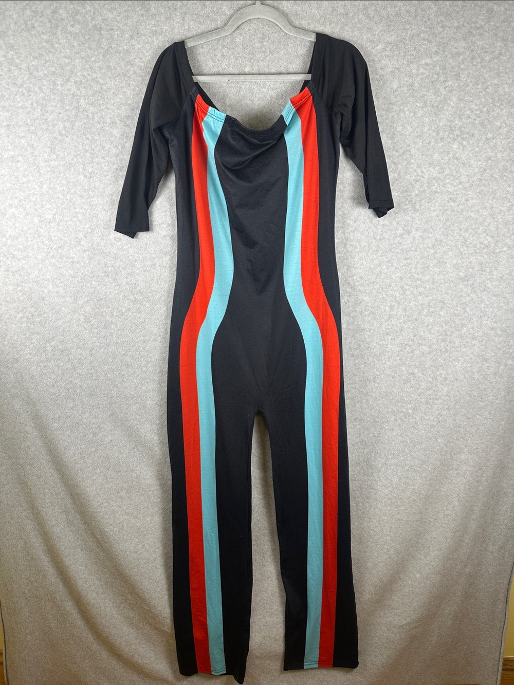 Black Jumpsuit with Red and Teal Stripe Panels 3/4 Sleeve Women's Size L